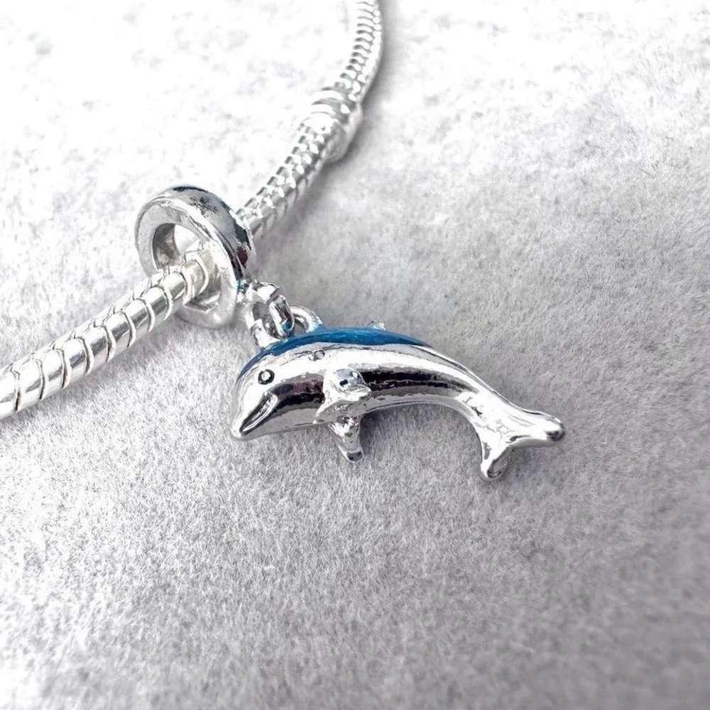 Dolphin Charm Bead Silver Tone Blue Enamel For Pandora Style Bracelets